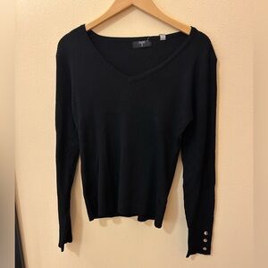 TAHARI Sweater V-Neck - Long Sleeves with 3 Gold Buttons - Black  - Size Large